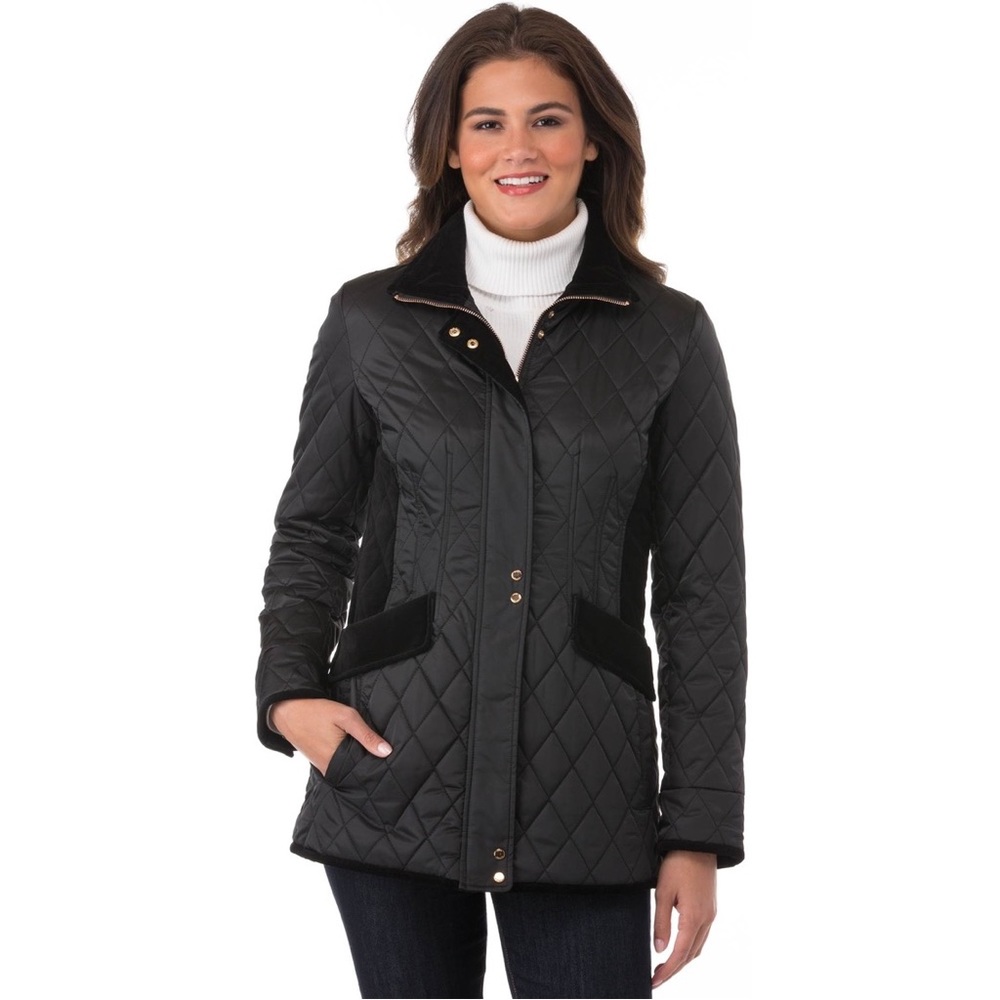 Vince Camuto Black Quilted Fur Suede Trim Gold Button Detail Coat Jacket